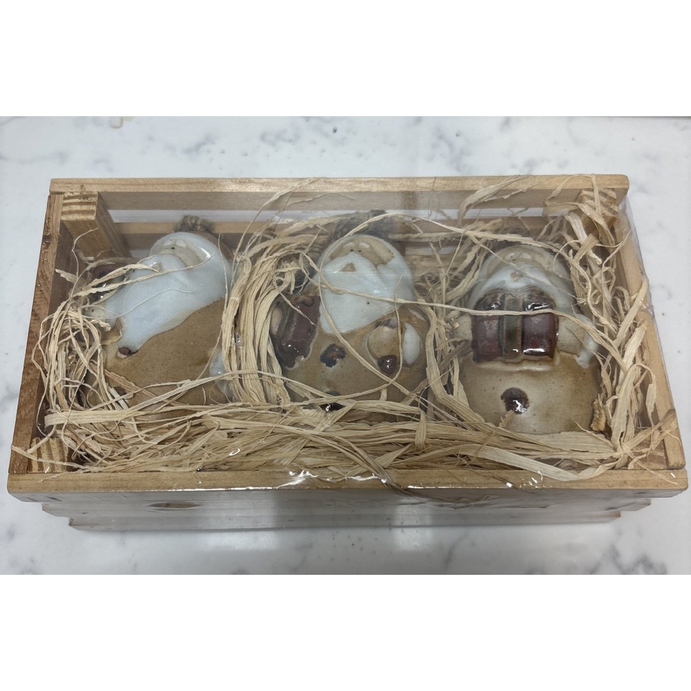 Pier 1 Imports Ceramic Bell SantaOrnaments Primitive Santa Wooden Box Set New